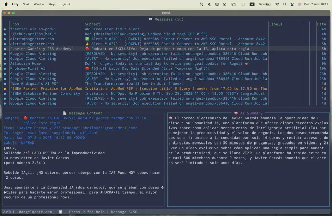 Automatic email summary with AI in GizTUI