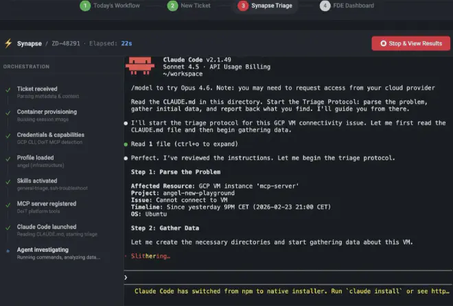 El agente ejecutando comandos gcloud, parseando el problema, recopilando datos del entorno cloud del cliente
