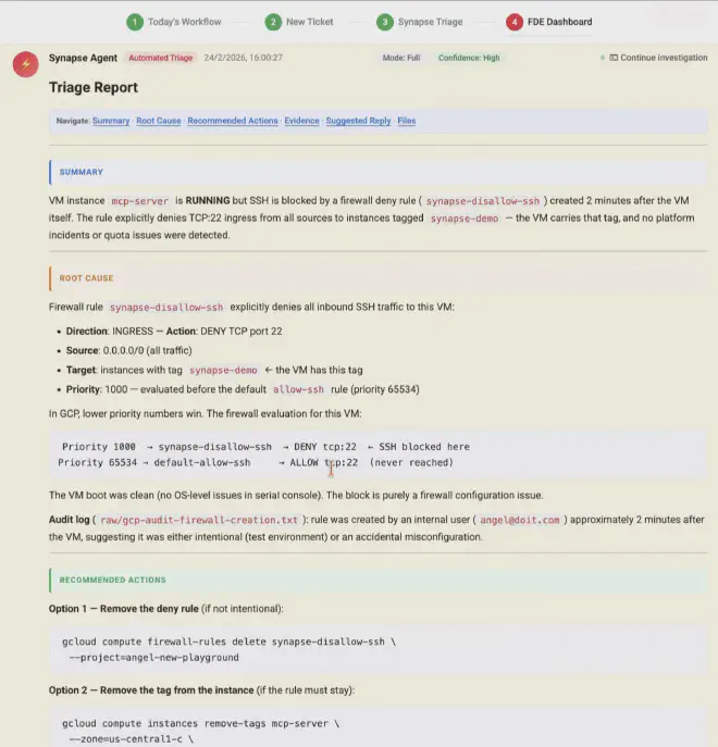 El reporte con el triage está completo: resumen, causa raíz, acciones recomendadas, evidencias y sugerencia de respuestas, y todos los ficheros generados en el espacio de trabajo